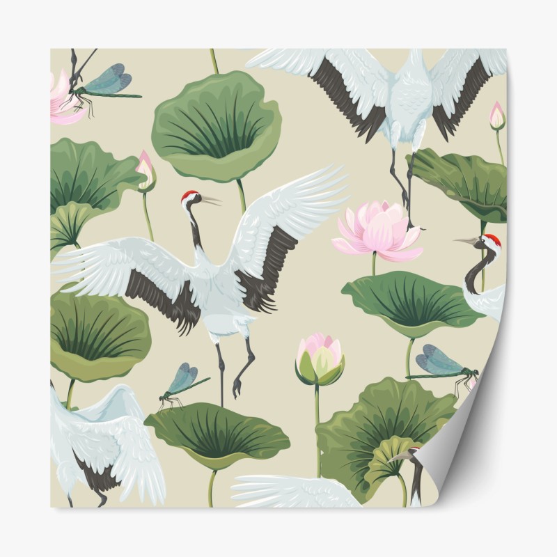 Repositionierbarer Aufkleber elegantes muster mit kranichen und lotusblumen