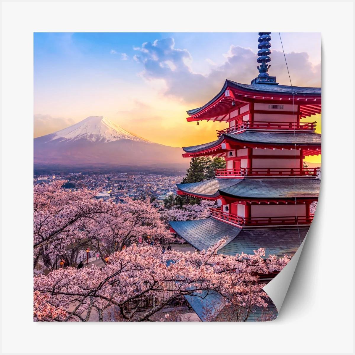 Repositionierbarer Aufkleber sonnenuntergang über dem Fuji und der Chureito-Pagode – Wallnifity®