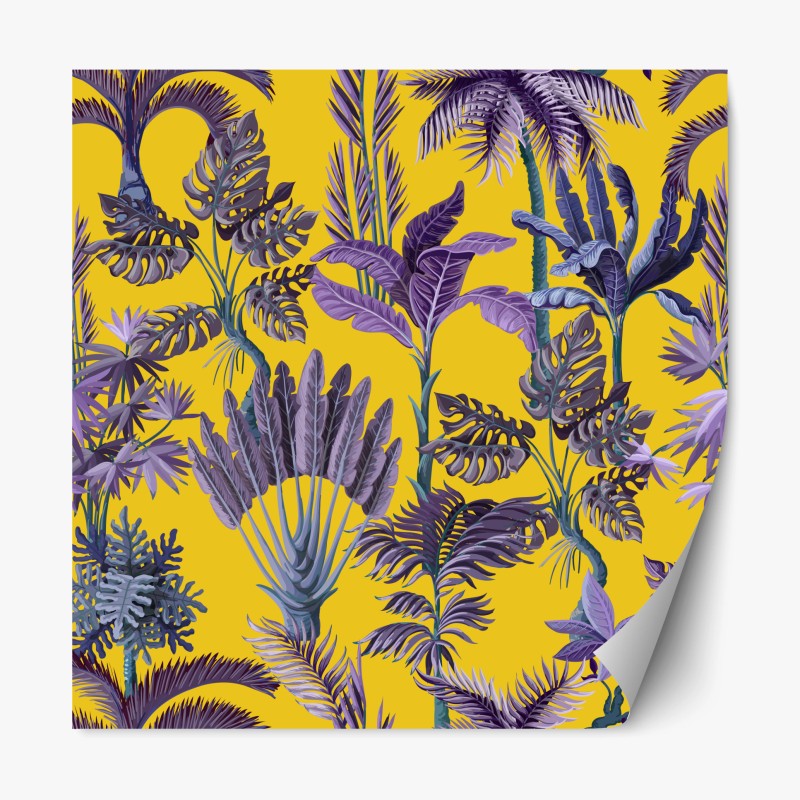 Repositionierbarer Aufkleber tropische lila blätter auf gelbem hintergrund
