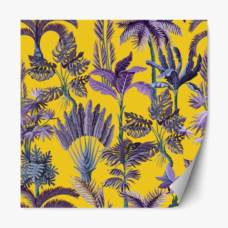 Repositionierbarer Aufkleber tropische lila blätter auf gelbem hintergrund