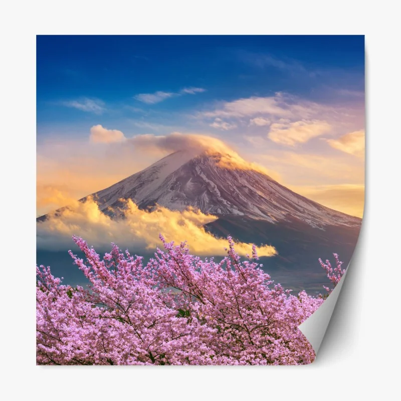 Repositionierbarer Aufkleber Berg Fuji mit blühenden kirschblüten bei sonnenaufgang