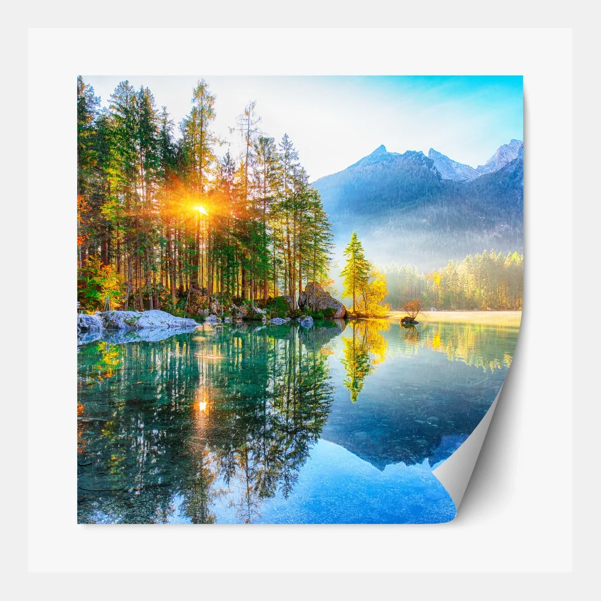 Repositionierbarer Aufkleber Hintersee herbstlicher sonnenaufgang über dem türkisfarbenen see – Wallnifity® Repositionierbarer Aufkleber Hintersee herbstlicher sonnenaufgang über dem türkisfarbenen see – Wallnifity®