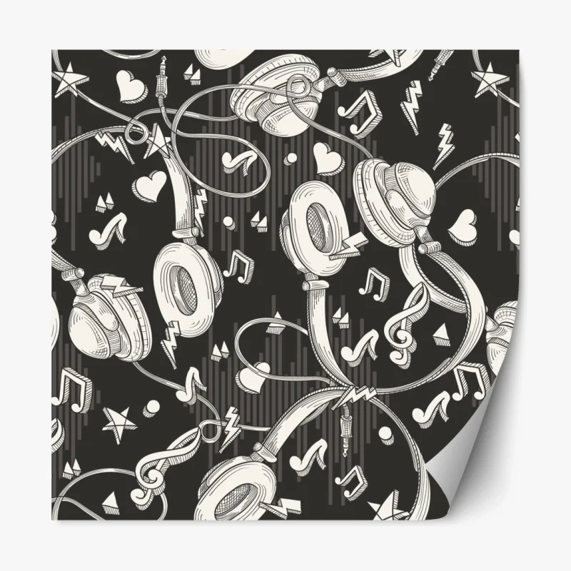 Repositionierbarer Aufkleber monochromatisches muster mit kopfhörern und noten