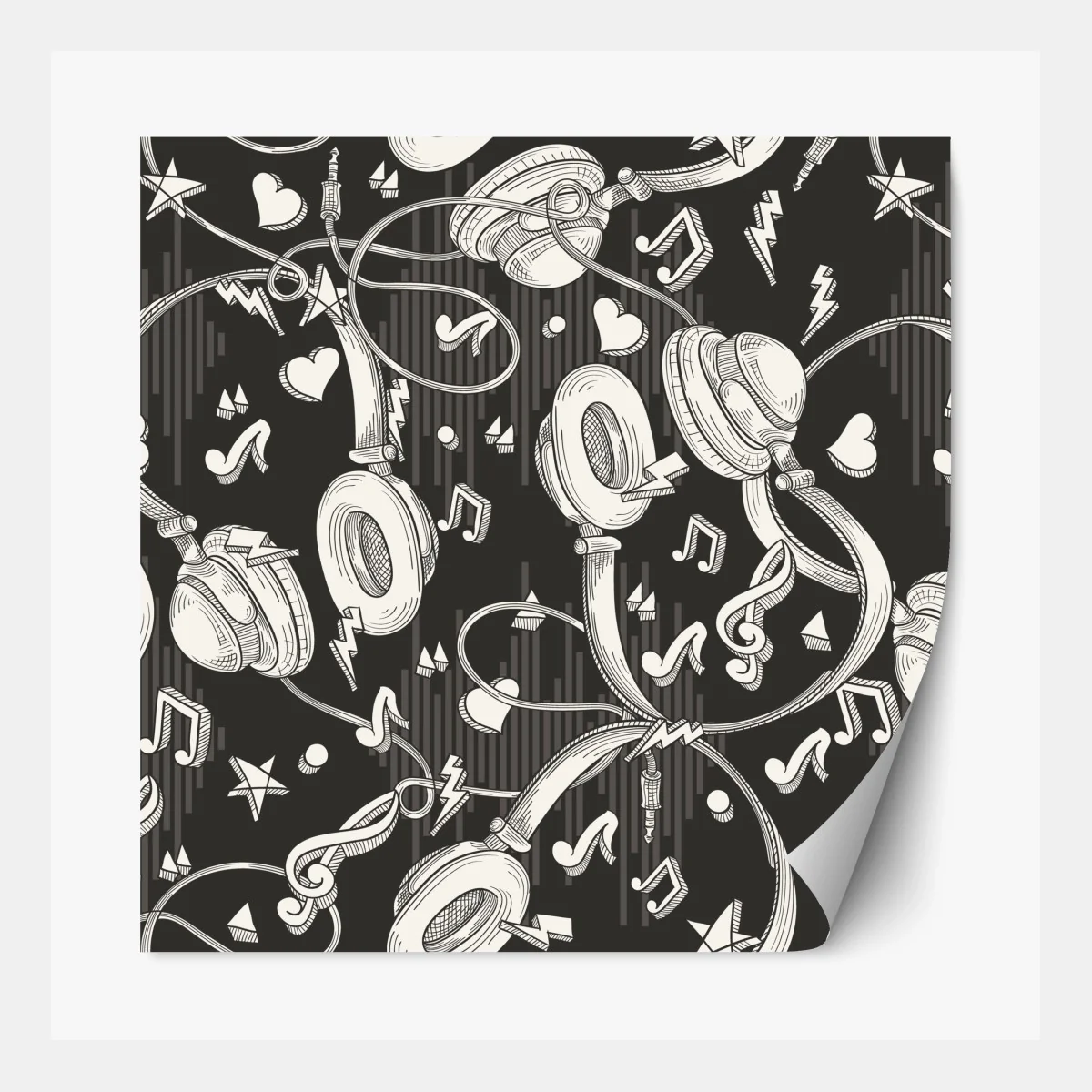 Repositionierbarer Aufkleber monochromatisches muster mit kopfhörern und noten – Wallnifity®