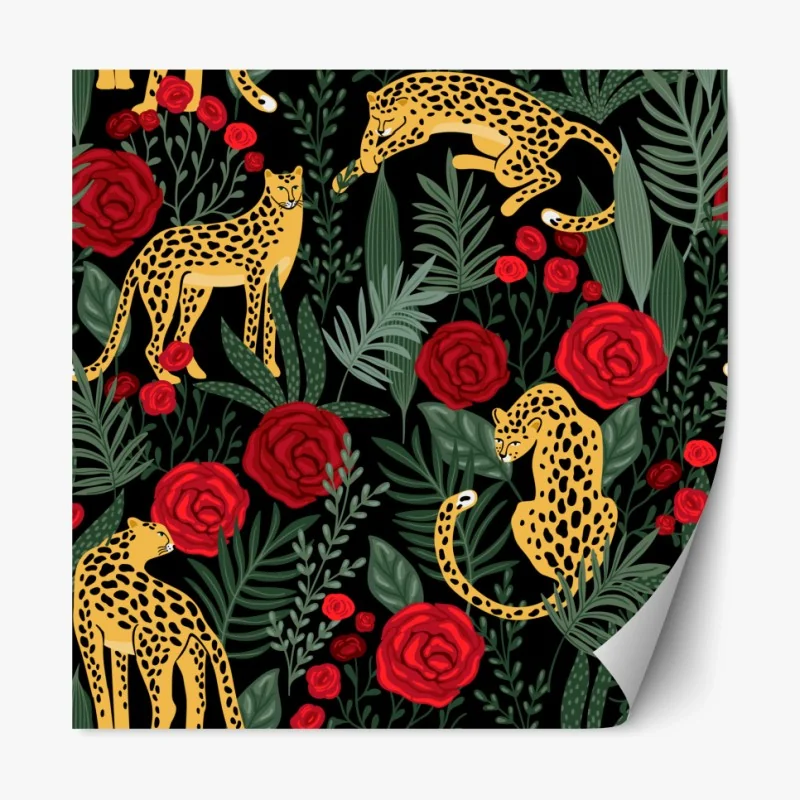 Repositionierbarer Aufkleber goldene geparden und rote rosen muster