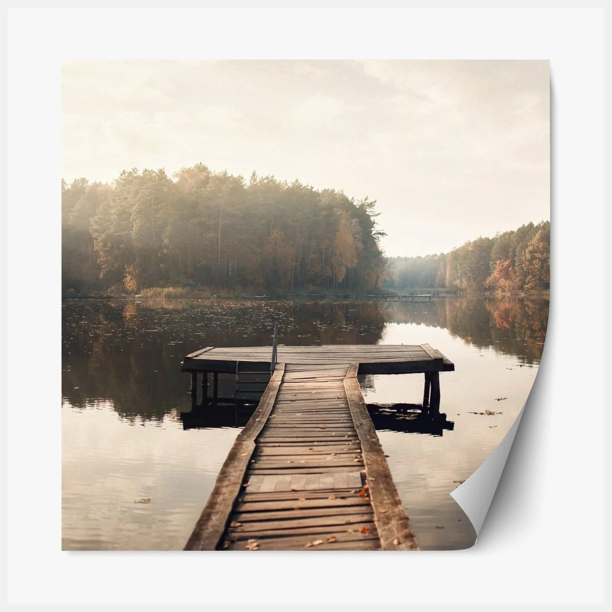 Repositionierbarer Aufkleber herbstmorgen am see mit hölzernem steg – Wallnifity® Repositionierbarer Aufkleber herbstmorgen am see mit hölzernem steg – Wallnifity®