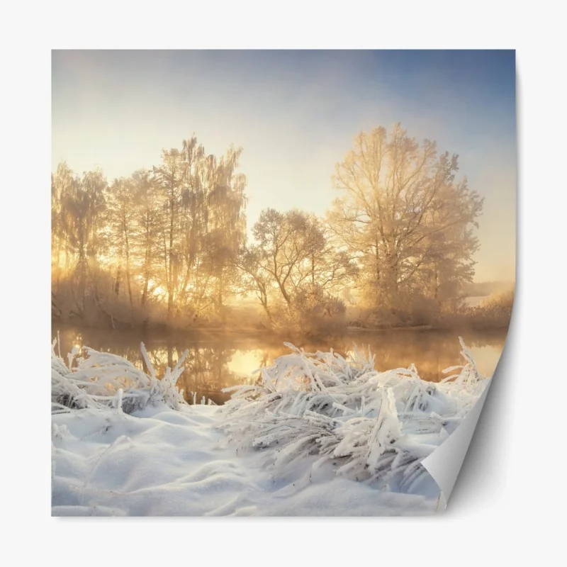 Repositionierbarer Aufkleber goldener wintersonnenaufgang über dem frostigen fluss