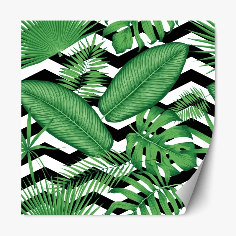Repositionierbarer Aufkleber tropisches blättermuster auf zickzack-hintergrund