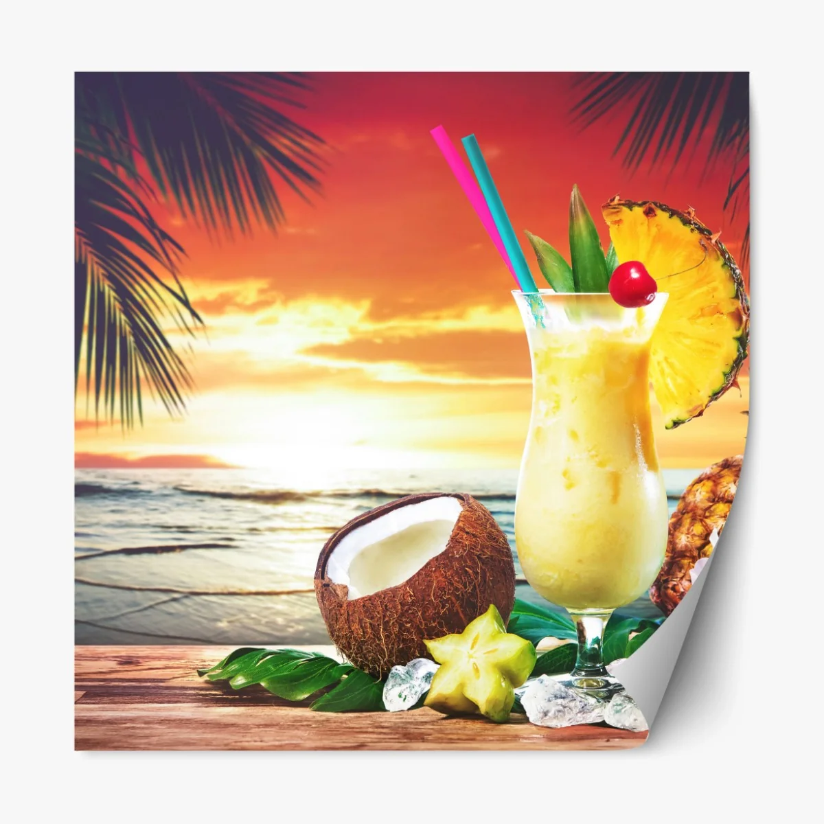 Repositionierbarer Aufkleber tropischer kokos-ananas-cocktail am strand bei sonnenuntergang – Wallnifity®