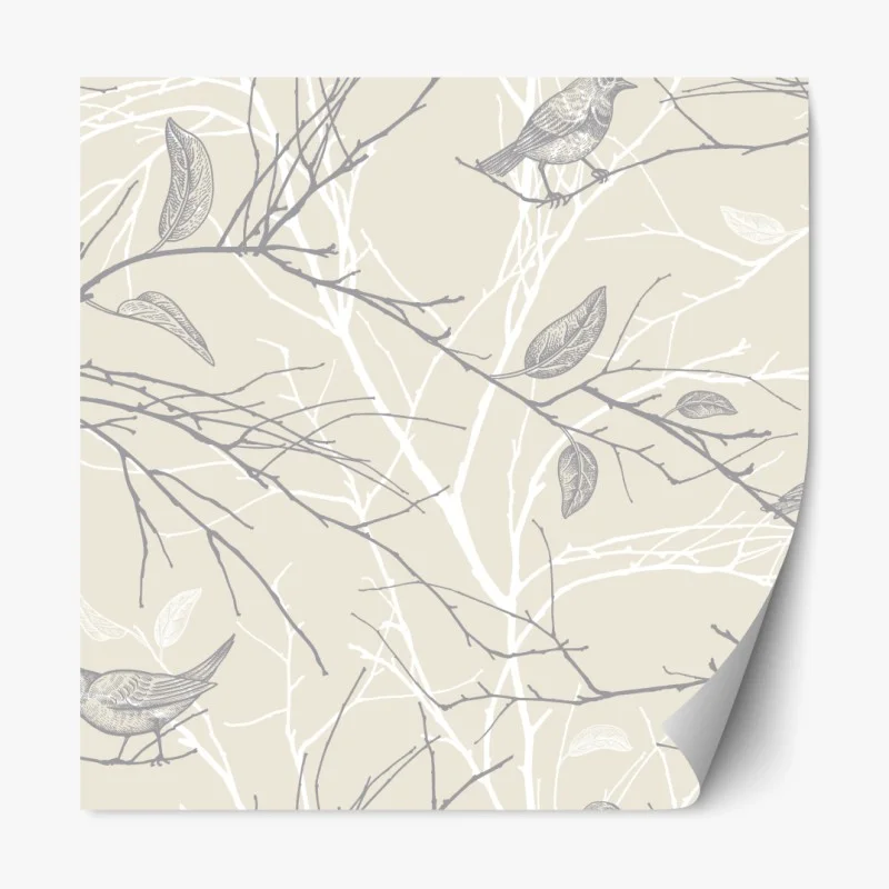 Repositionierbarer Aufkleber zartes beiges muster mit vögeln und ästen