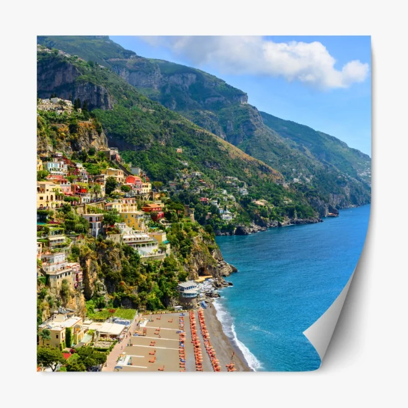 Repositionierbarer Aufkleber bunte panoramaaufnahme eines küstenortes am hang