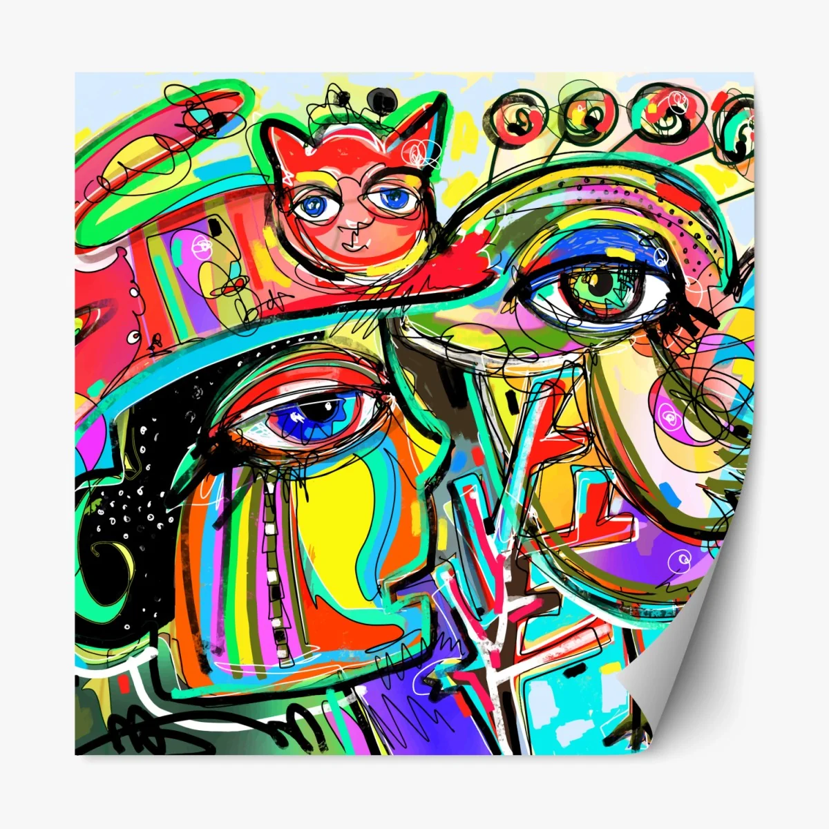 Repositionierbarer Aufkleber lebendige abstrakte gesichter mit katze und vogel – Wallnifity®