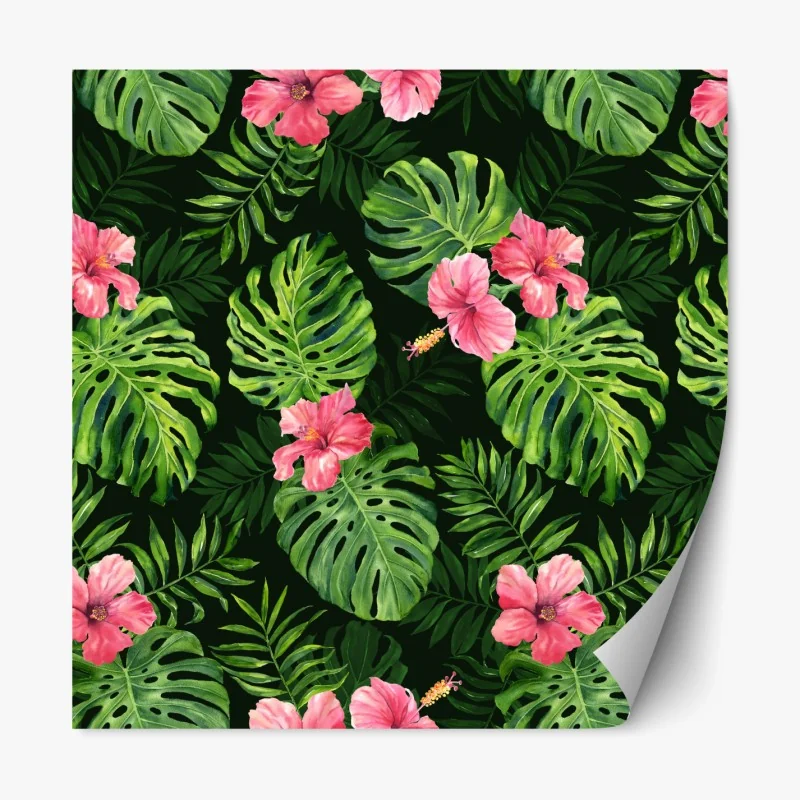 Repositionierbarer Aufkleber tropisches monstera- und hibiskus-motiv