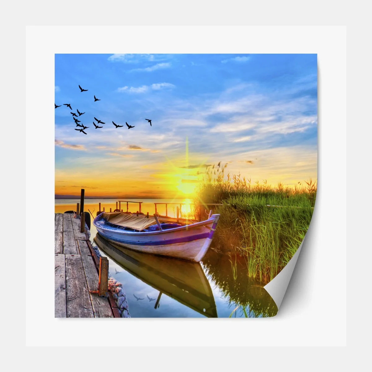 Repositionierbarer Aufkleber sonnenuntergang am see mit boot am steg – Wallnifity®