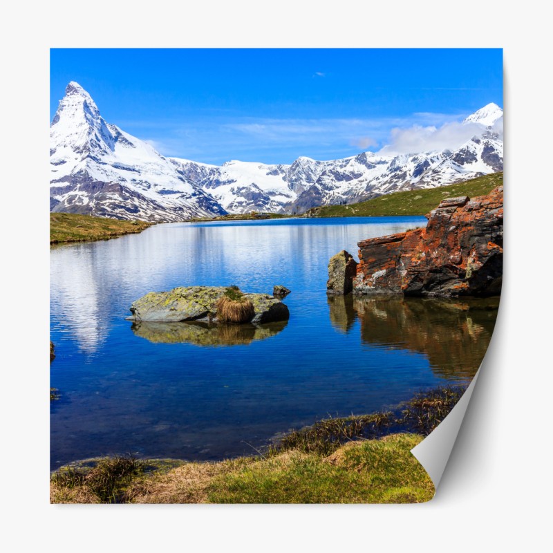 Repositionierbarer Aufkleber ruhige spiegelung des Matterhorns am Stellisee, Zermatt