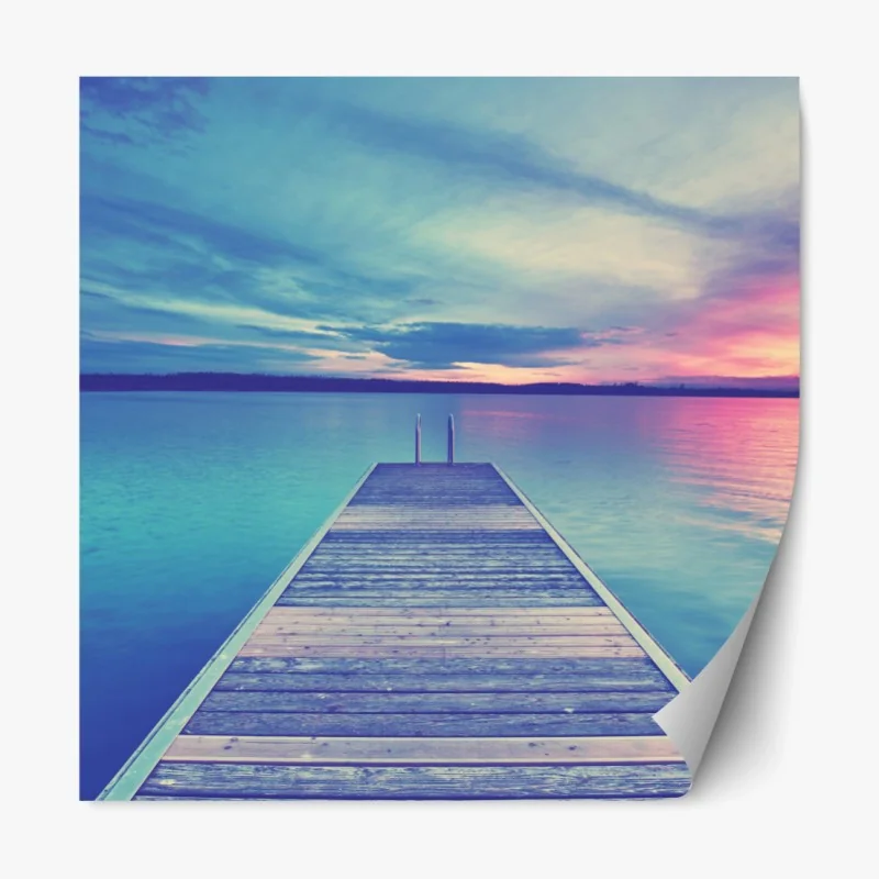 Repositionierbarer Aufkleber pastellsteg am see bei sonnenuntergang