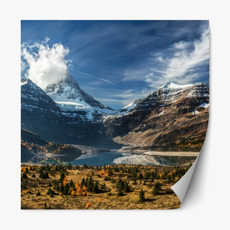 Repositionierbarer Aufkleber schneebedeckte gipfel gespiegelt in einem herbstlichen alpensee – Wallnifity® Repositionierbarer Aufkleber schneebedeckte gipfel gespiegelt in einem herbstlichen alpensee – Wallnifity®