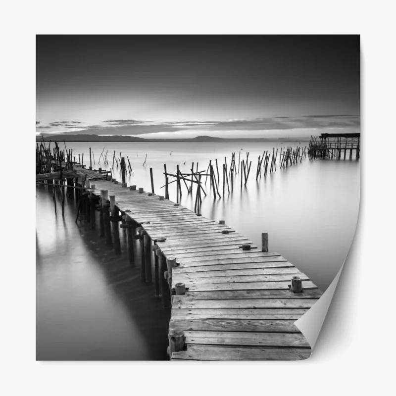 Repositionierbarer Aufkleber ruhiger pastellsonnenuntergang am see mit steg – Wallnifity®