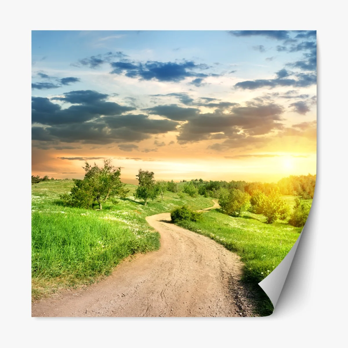 Repositionierbarer Aufkleber sonnenuntergang über einem feldweg durch grüne wiese – Wallnifity® Repositionierbarer Aufkleber sonnenuntergang über einem feldweg durch grüne wiese – Wallnifity®