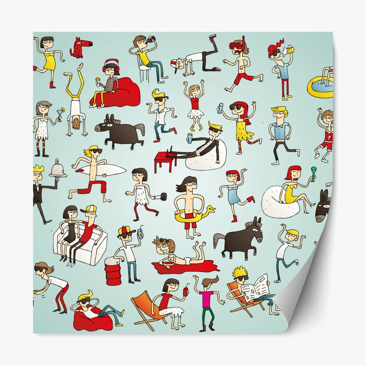 Repositionierbarer Aufkleber verspielte cartoonszene auf türkisem hintergrund – Wallnifity® Repositionierbarer Aufkleber verspielte cartoonszene auf türkisem hintergrund – Wallnifity®