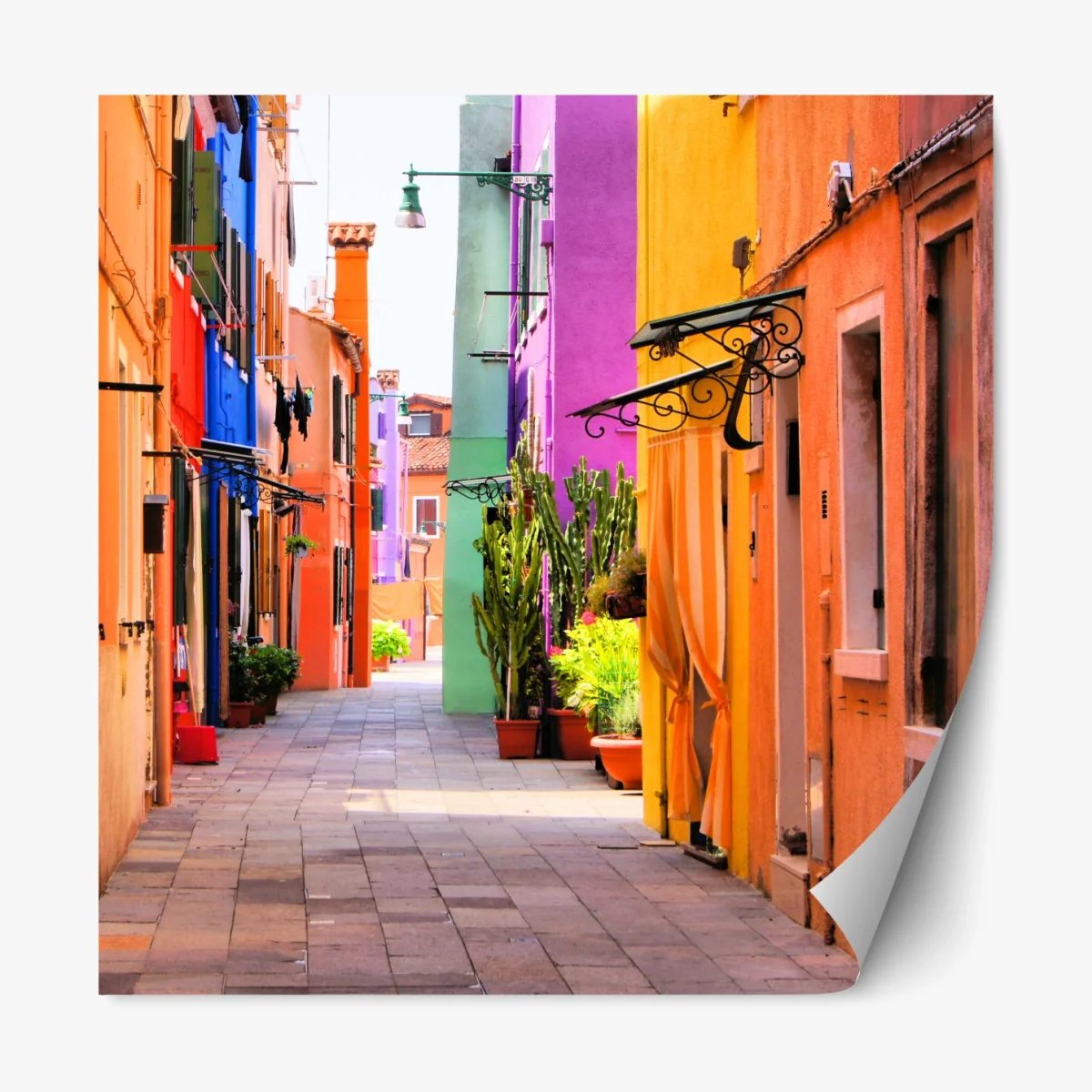 Repositionierbarer Aufkleber bunte mediterrane gasse – Wallnifity® Repositionierbarer Aufkleber bunte mediterrane gasse – Wallnifity®