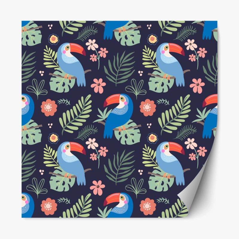 Repositionierbarer Aufkleber tropisches tukanmuster auf dunkelblauem hintergrund