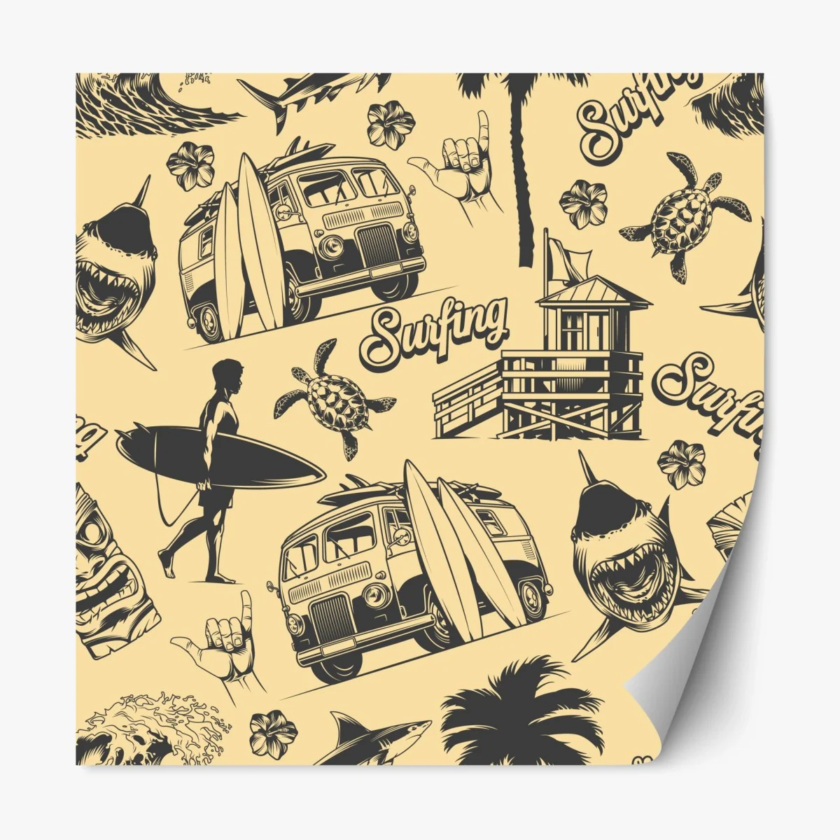 Repositionierbarer Aufkleber retro surfing muster mit campingbus und wellen – Wallnifity® Repositionierbarer Aufkleber retro surfing muster mit campingbus und wellen – Wallnifity®