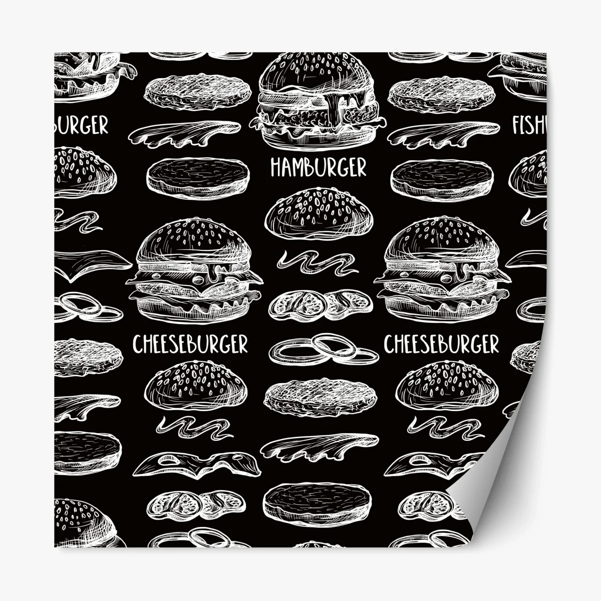 Repositionierbarer Aufkleber handgezeichnetes burger-muster auf schwarzem hintergrund – Wallnifity® Repositionierbarer Aufkleber handgezeichnetes burger-muster auf schwarzem hintergrund – Wallnifity®