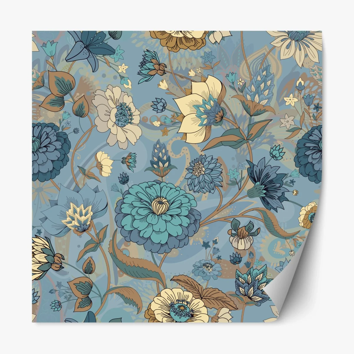 Repositionierbarer Aufkleber vintage-blumenmuster in gedämpften blau- und beigetönen – Wallnifity®