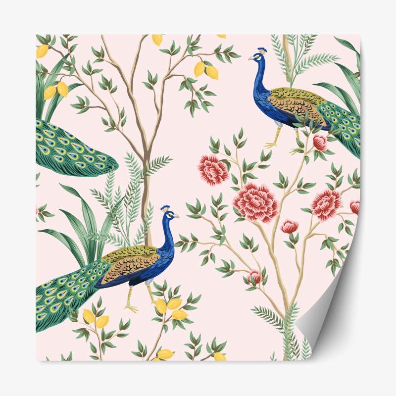 Repositionierbarer Aufkleber elegantes pfau- und blumenmuster auf rosa hintergrund