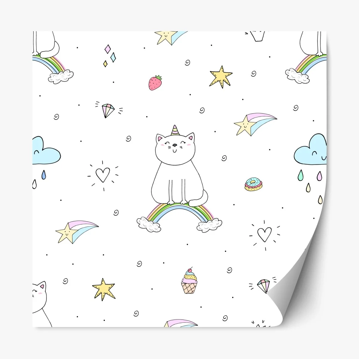 Repositionierbarer Aufkleber pastell-einhornkatze auf dem regenbogen – Wallnifity®