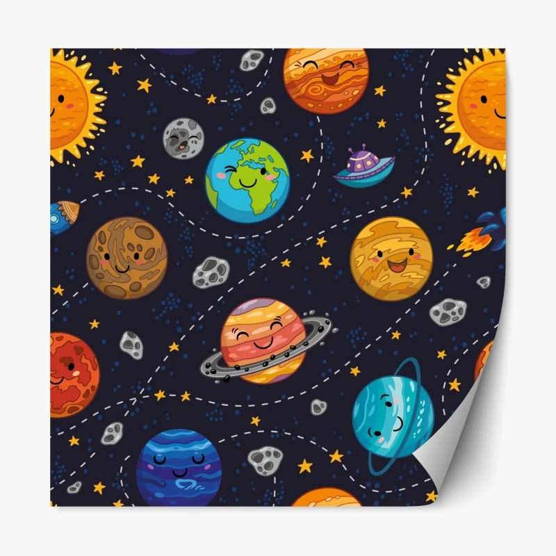 Repositionierbarer Aufkleber lächelnde planeten im verspielten weltraummuster