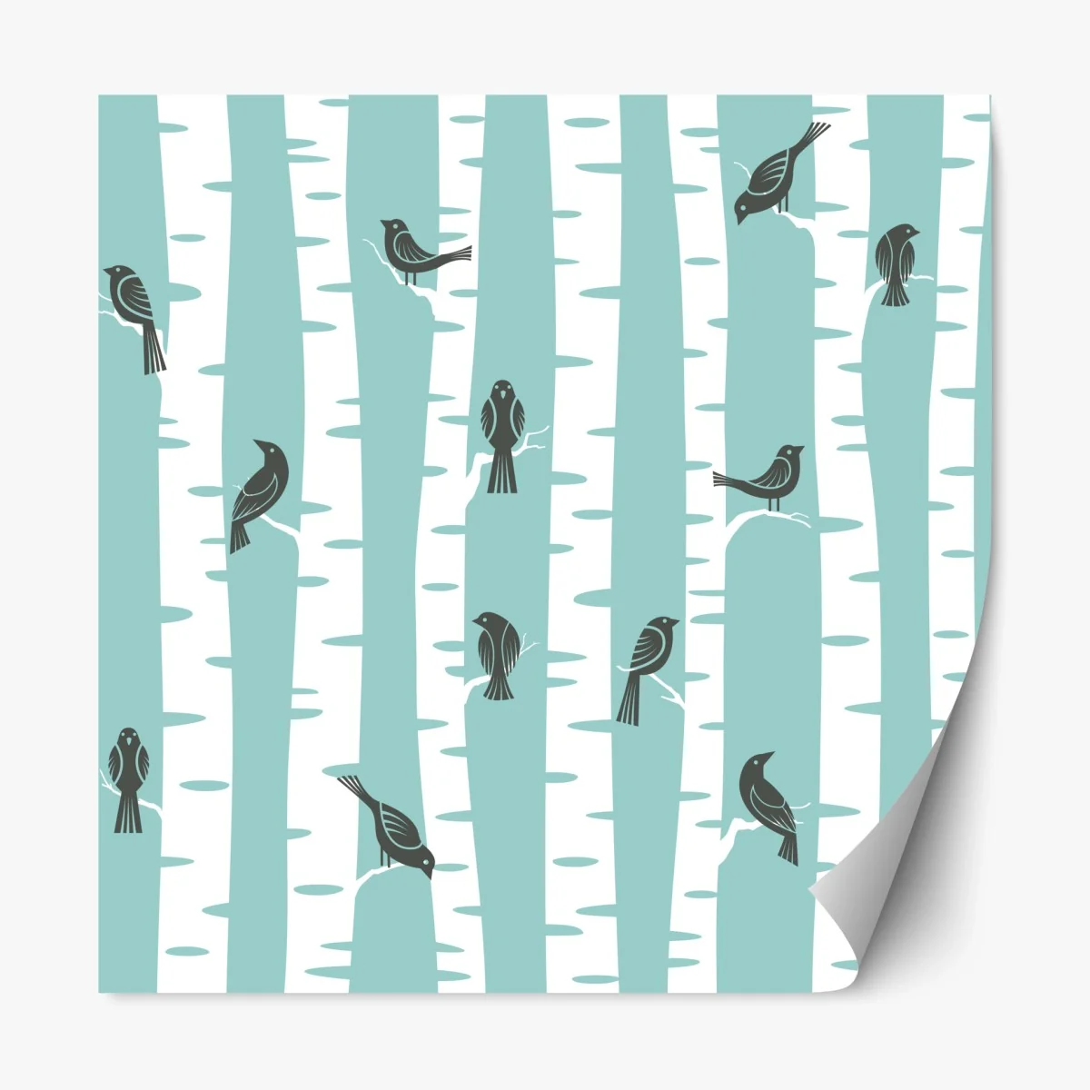 Repositionierbarer Aufkleber türkis birkenwald mit vögeln – Wallnifity®