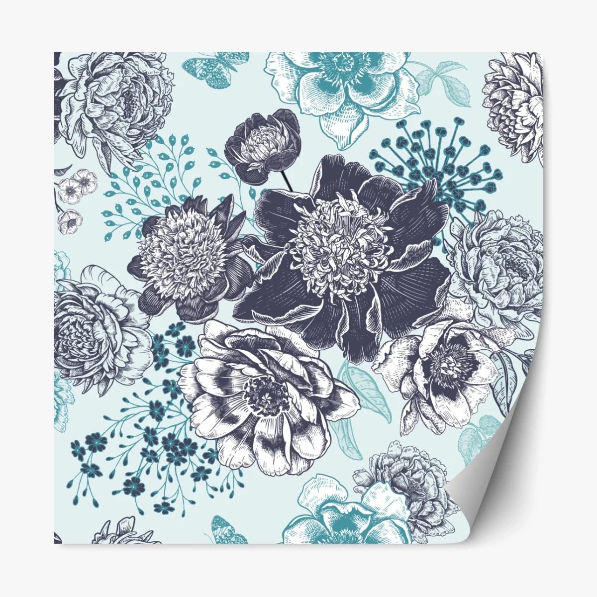 Repositionierbarer Aufkleber blumiges peonienmuster in türkis und marineblau – Wallnifity® Repositionierbarer Aufkleber blumiges peonienmuster in türkis und marineblau – Wallnifity®