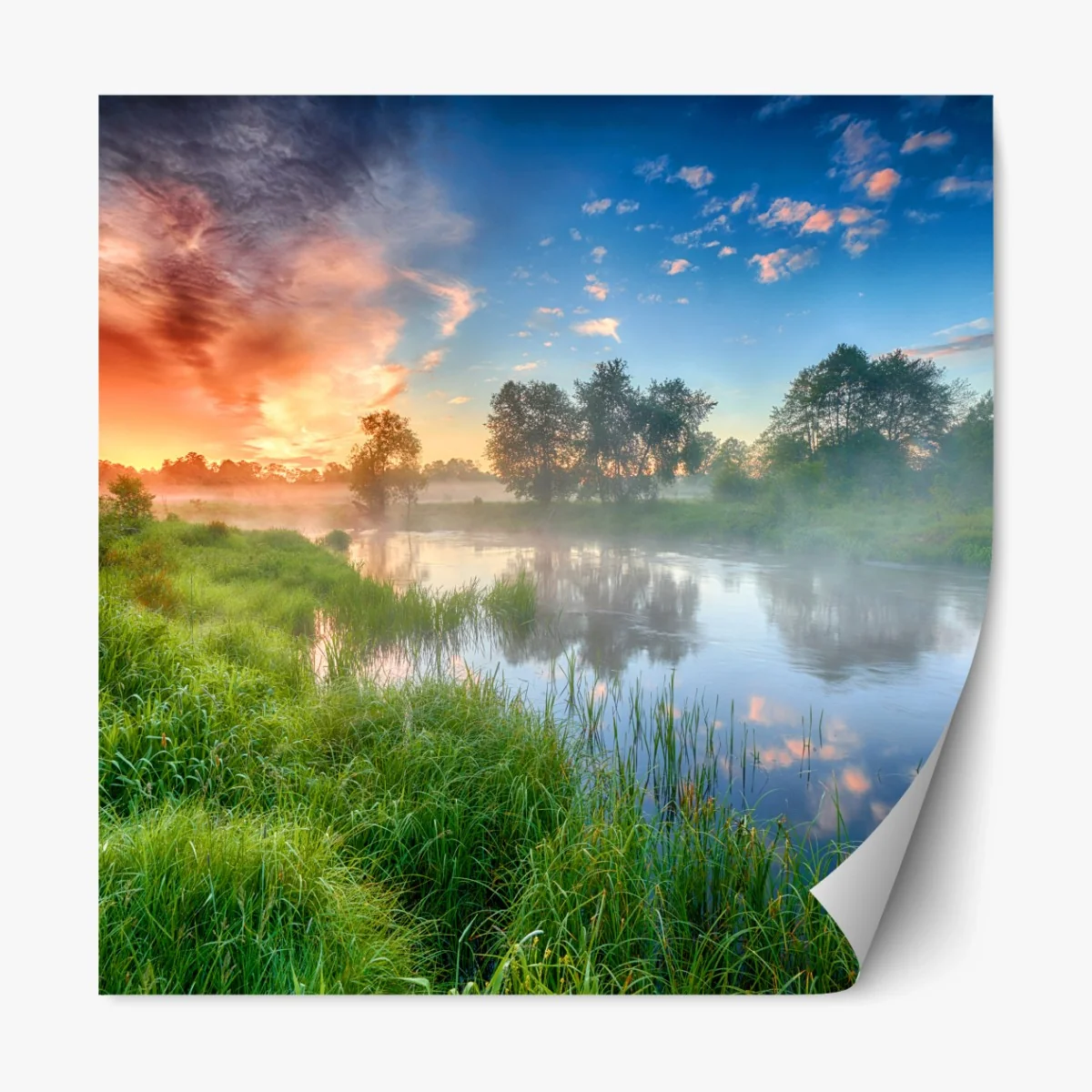 Repositionierbarer Aufkleber nebel bei sonnenaufgang am flussufer – Wallnifity®