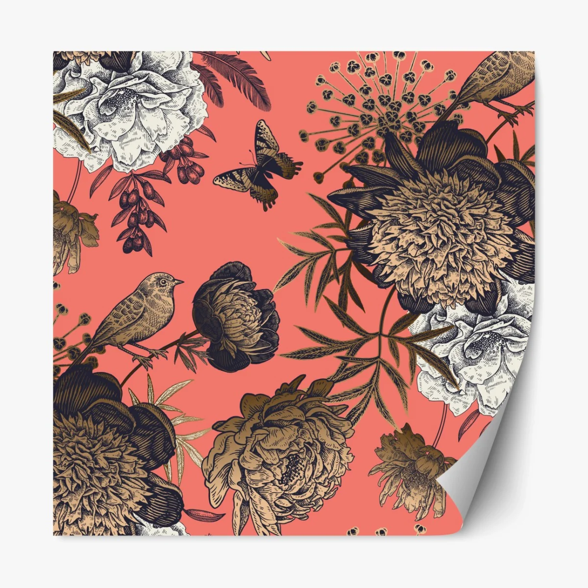 Repositionierbarer Aufkleber vintage blumenmuster mit vögeln auf korallenhintergrund – Wallnifity®