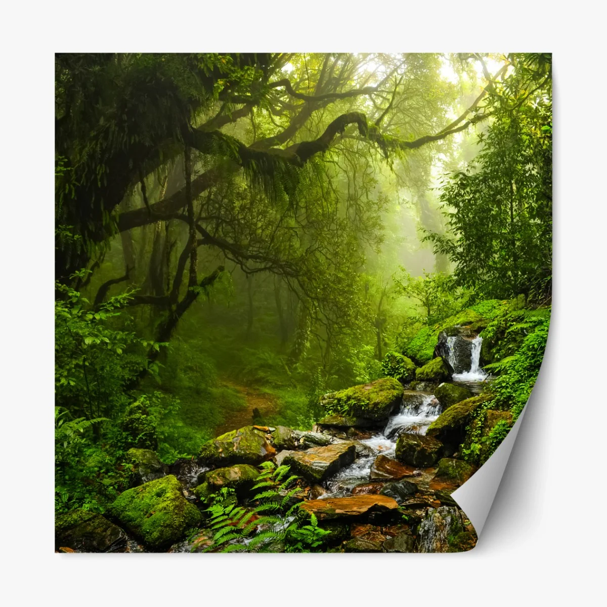 Repositionierbarer Aufkleber üppiger nebliger waldwasserfall – Wallnifity®