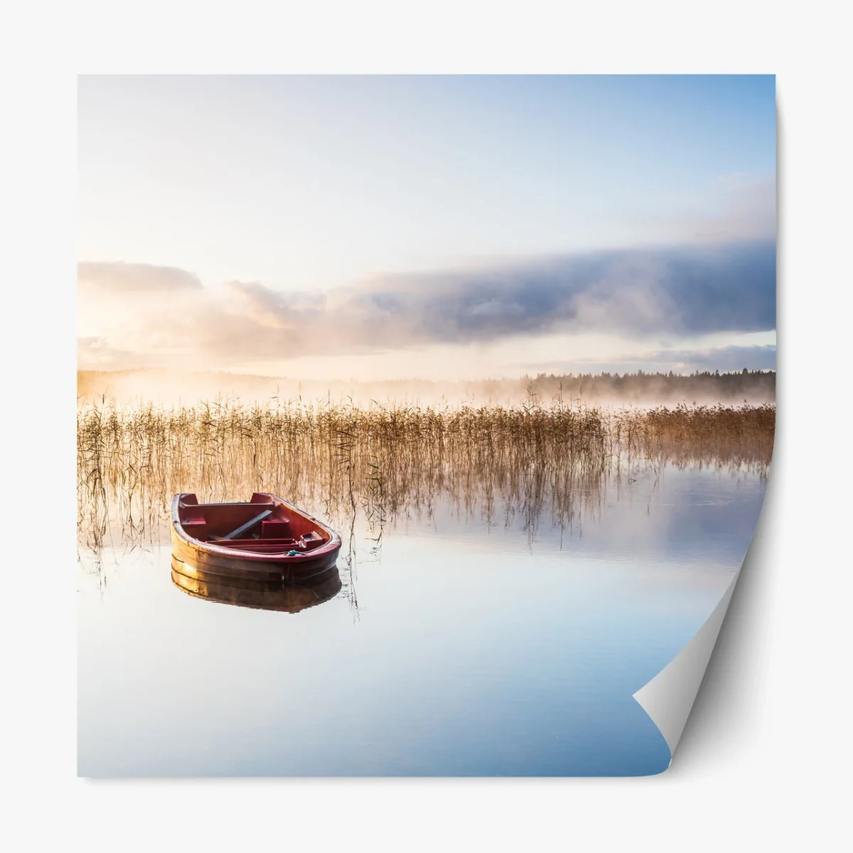 Repositionierbarer Aufkleber nebliger morgen am see mit rotem boot – Wallnifity®