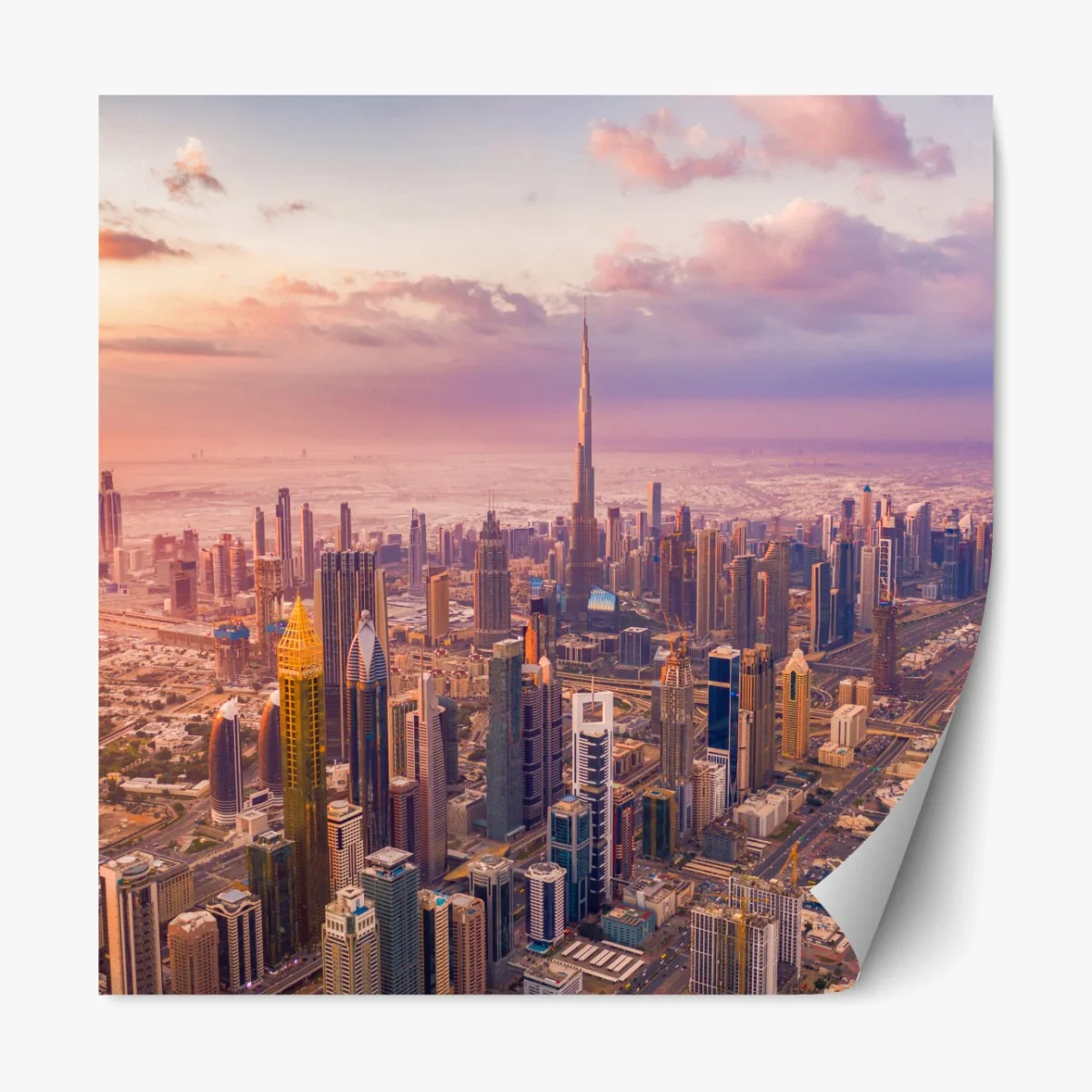 Repositionierbarer Aufkleber sonnenuntergang über der skyline von Dubai mit Burj Khalifa – Wallnifity®