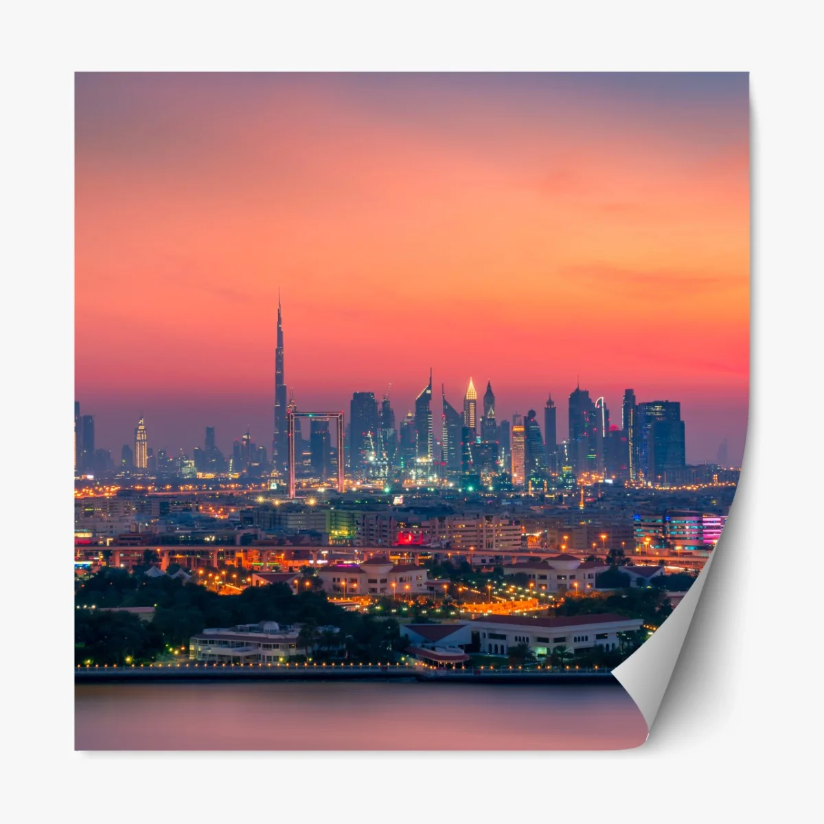 Repositionierbarer Aufkleber Dubai skyline bei sonnenuntergang – Wallnifity®