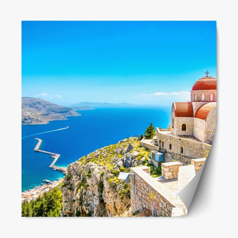 Repositionierbarer Aufkleber griechische kirche auf klippe über dem meer
