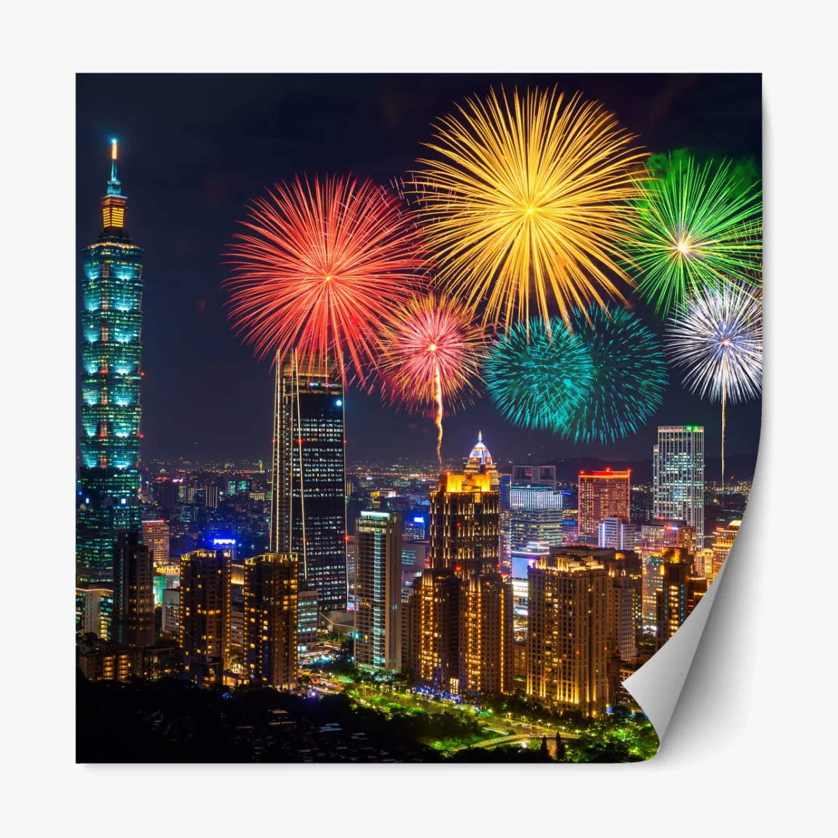 Repositionierbarer Aufkleber Taipeh feuerwerk über der stadtsilhouette – Wallnifity®