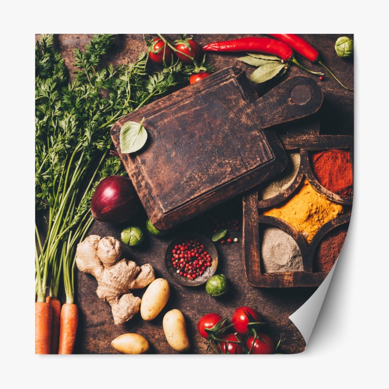 Repositionierbarer Aufkleber rustikales stillleben mit gewürzen und gemüse