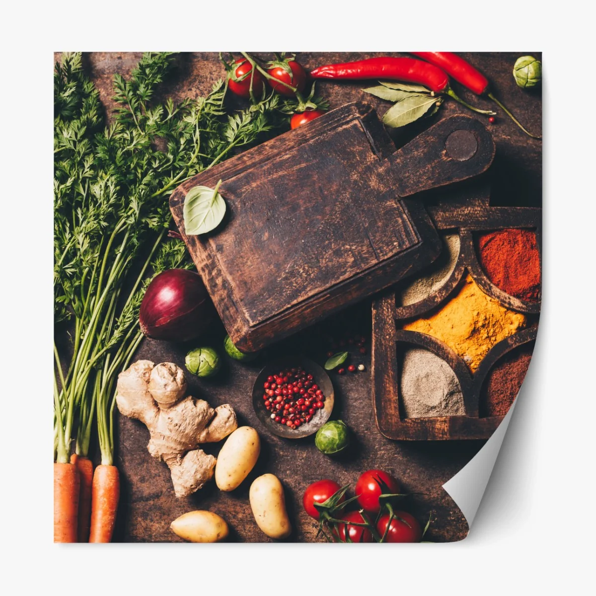 Repositionierbarer Aufkleber rustikales stillleben mit gewürzen und gemüse – Wallnifity®