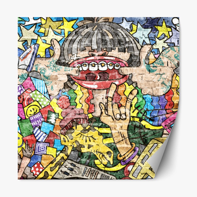 Repositionierbarer Aufkleber buntes graffiti-mural mit verspielter figur