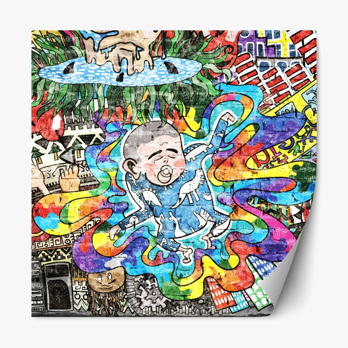 Repositionierbarer Aufkleber buntes graffiti-mural mit träumendem kind – Wallnifity®