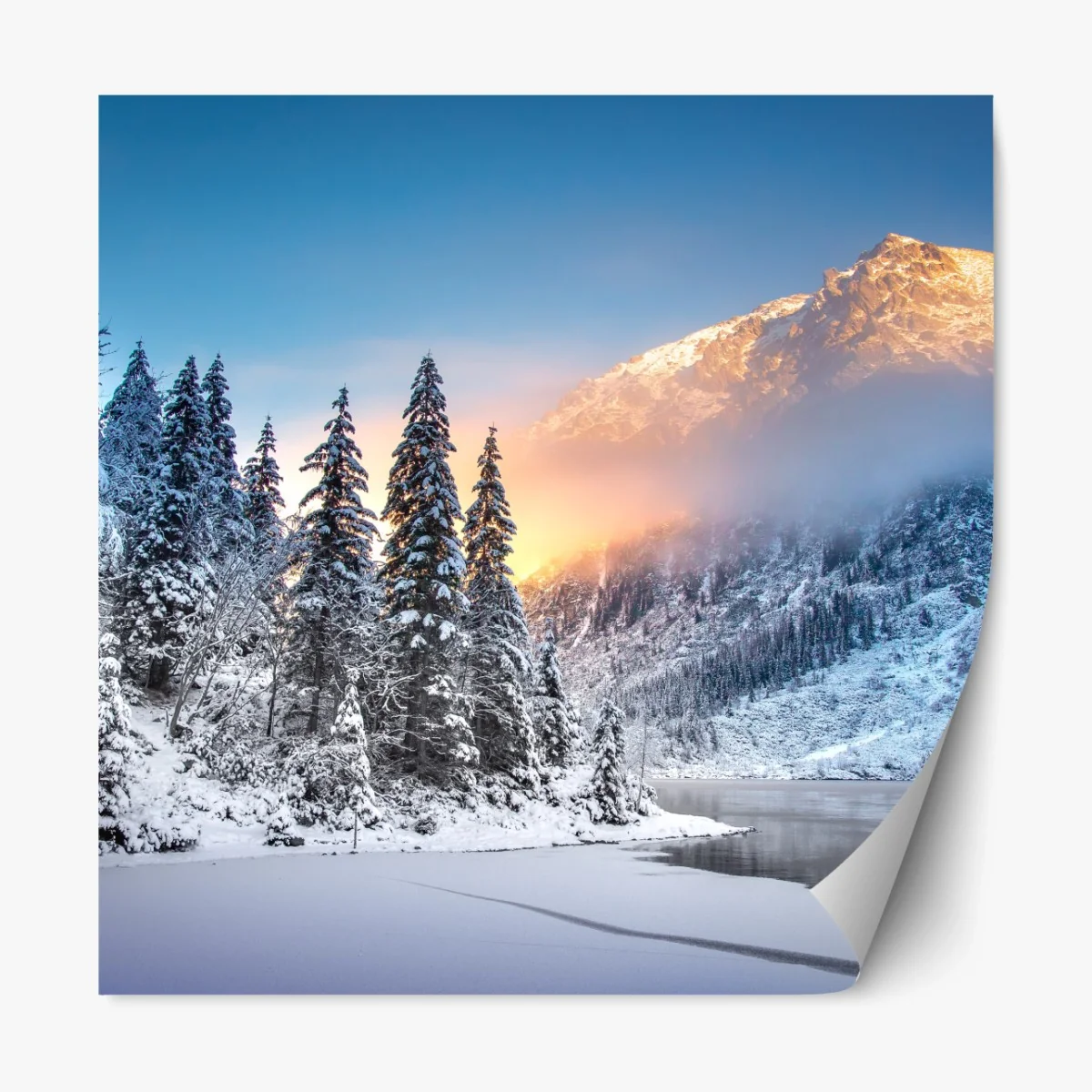 Repositionierbarer Aufkleber wintermorgen über dem verschneiten bergsee – Wallnifity® Repositionierbarer Aufkleber wintermorgen über dem verschneiten bergsee – Wallnifity®