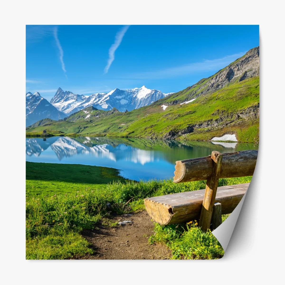 Repositionierbarer Aufkleber alpensee mit hölzerner bank – Wallnifity®