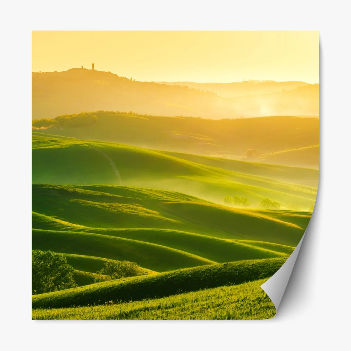 Repositionierbarer Aufkleber goldener sonnenaufgang über sanften grünen hügeln – Wallnifity®