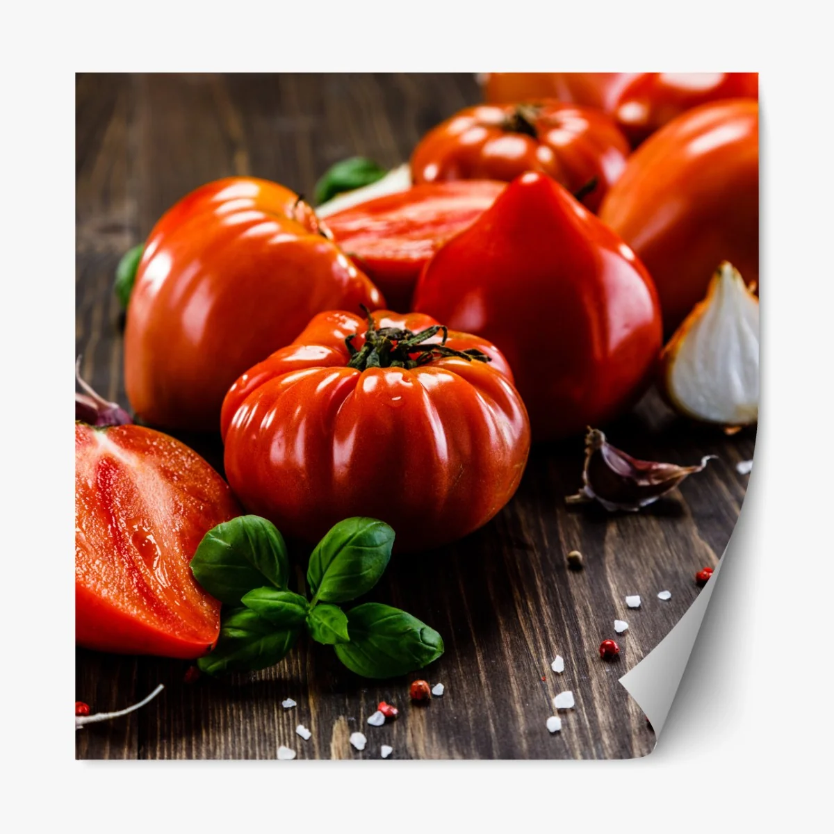 Repositionierbarer Aufkleber reife tomaten auf rustikalem holztisch – Wallnifity® Repositionierbarer Aufkleber reife tomaten auf rustikalem holztisch – Wallnifity®